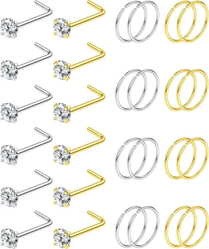 28PCS Hypoallergenic Nose Rings Hoops Studs - 316L Stainless Steel Nose Ring for Women Men - L Shaped CZ Nose Stud Hoop Nostril Piercings Jewelry Set 18G 20G 22G Silver Rose Gold Black Rainbow