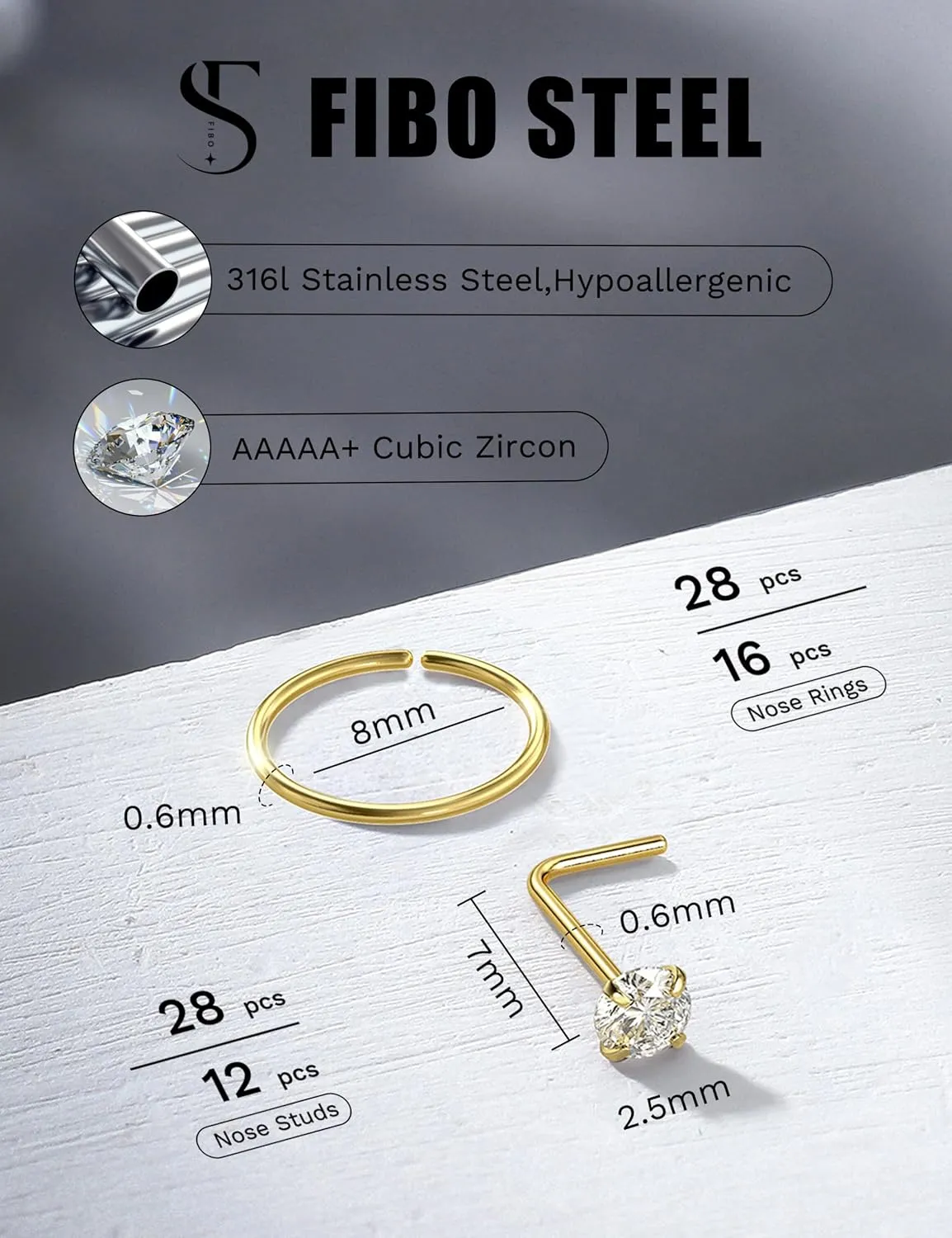 28PCS Hypoallergenic Nose Rings Hoops Studs - 316L Stainless Steel Nose Ring for Women Men - L Shaped CZ Nose Stud Hoop Nostril Piercings Jewelry Set 18G 20G 22G Silver Rose Gold Black Rainbow