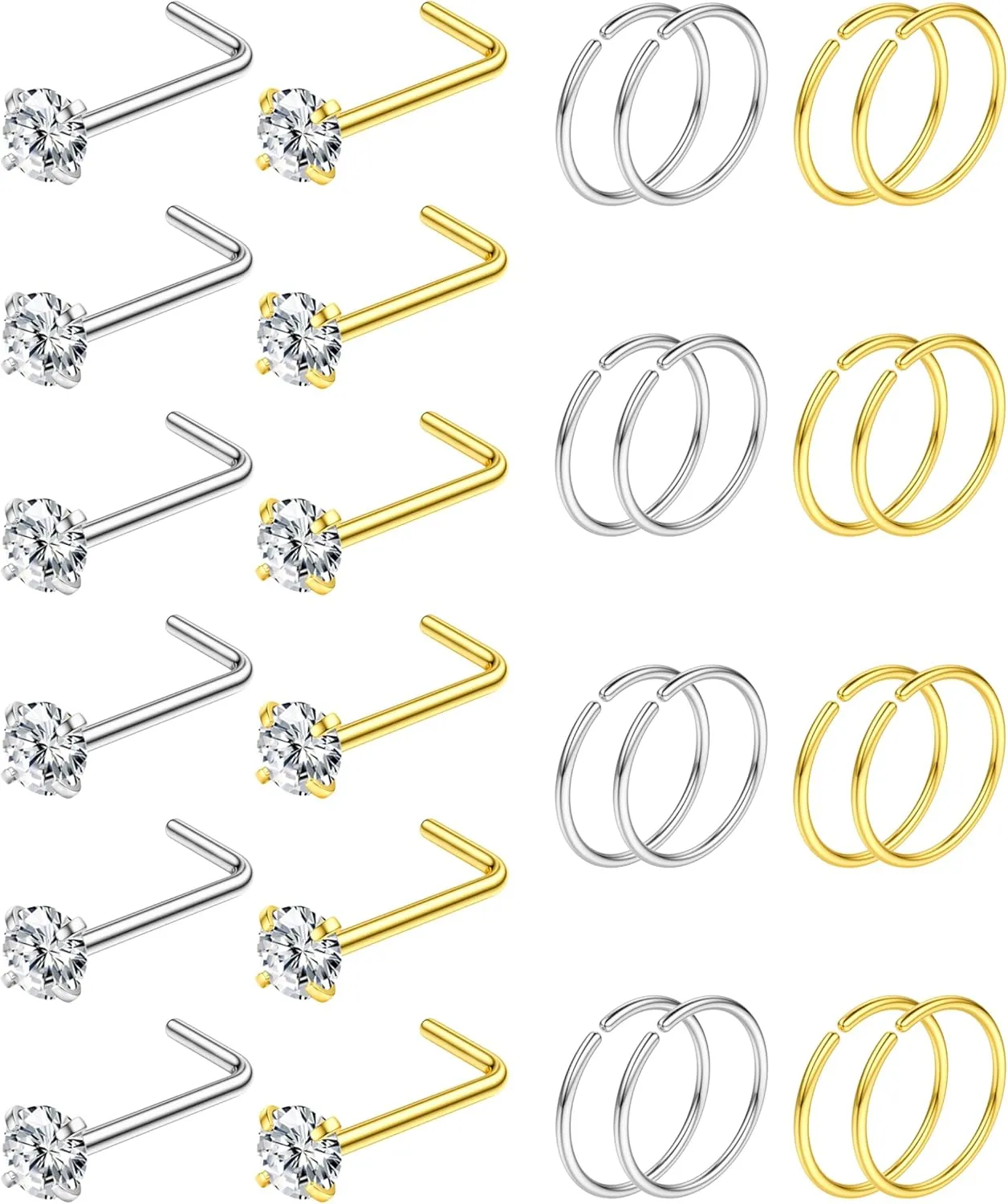 28PCS Hypoallergenic Nose Rings Hoops Studs - 316L Stainless Steel Nose Ring for Women Men - L Shaped CZ Nose Stud Hoop Nostril Piercings Jewelry Set 18G 20G 22G Silver Rose Gold Black Rainbow