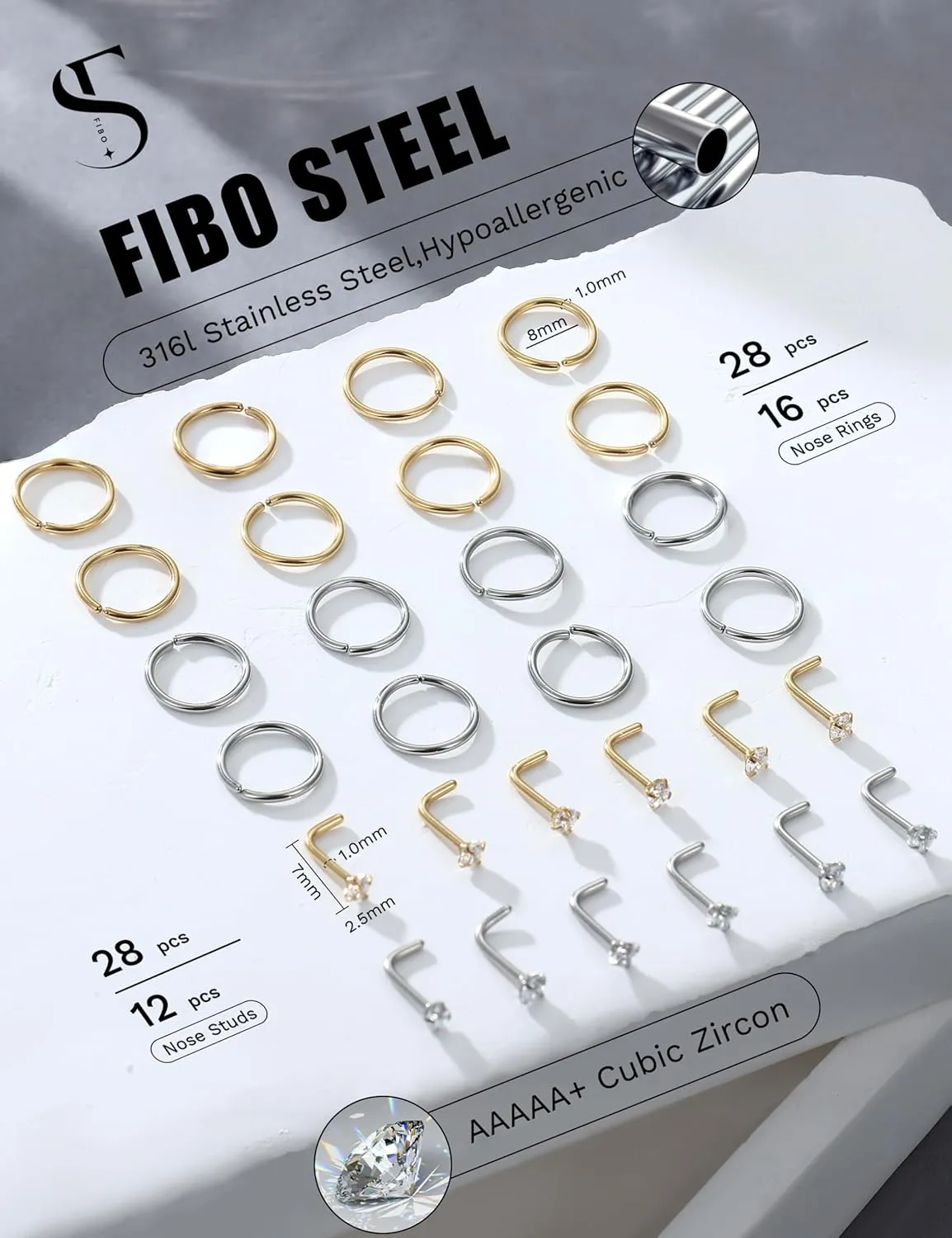 28PCS Hypoallergenic Nose Rings Hoops Studs - 316L Stainless Steel Nose Ring for Women Men - L Shaped CZ Nose Stud Hoop Nostril Piercings Jewelry Set 18G 20G 22G Silver Rose Gold Black Rainbow