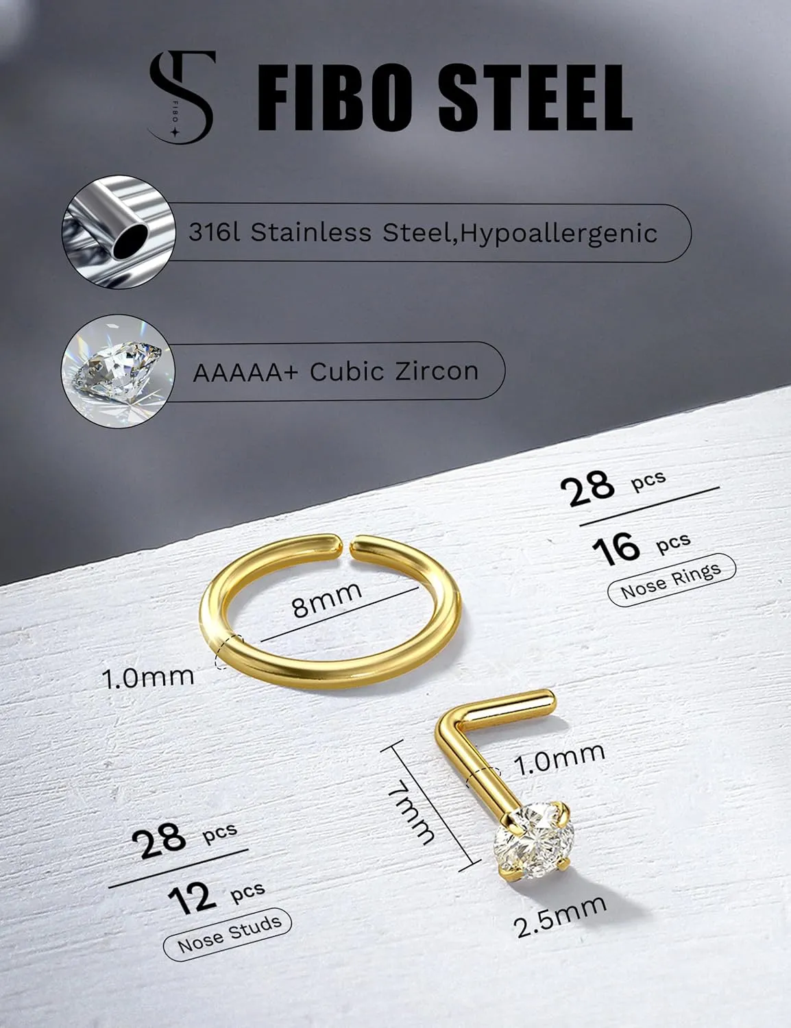 28PCS Hypoallergenic Nose Rings Hoops Studs - 316L Stainless Steel Nose Ring for Women Men - L Shaped CZ Nose Stud Hoop Nostril Piercings Jewelry Set 18G 20G 22G Silver Rose Gold Black Rainbow