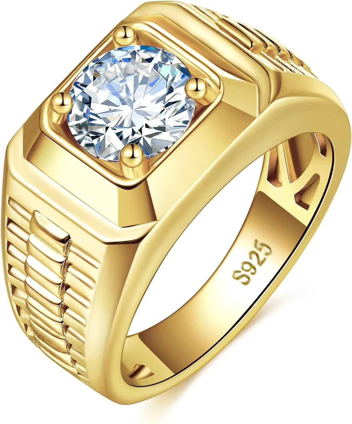 2CT Moissanite Ring Mens Wedding Band, 14K/White Gold Plated 925 Sterling Silver Custom Engraved Engagement Wedding Ring for Men Round Cut D Color VVS1 Clarity Size 8-12
