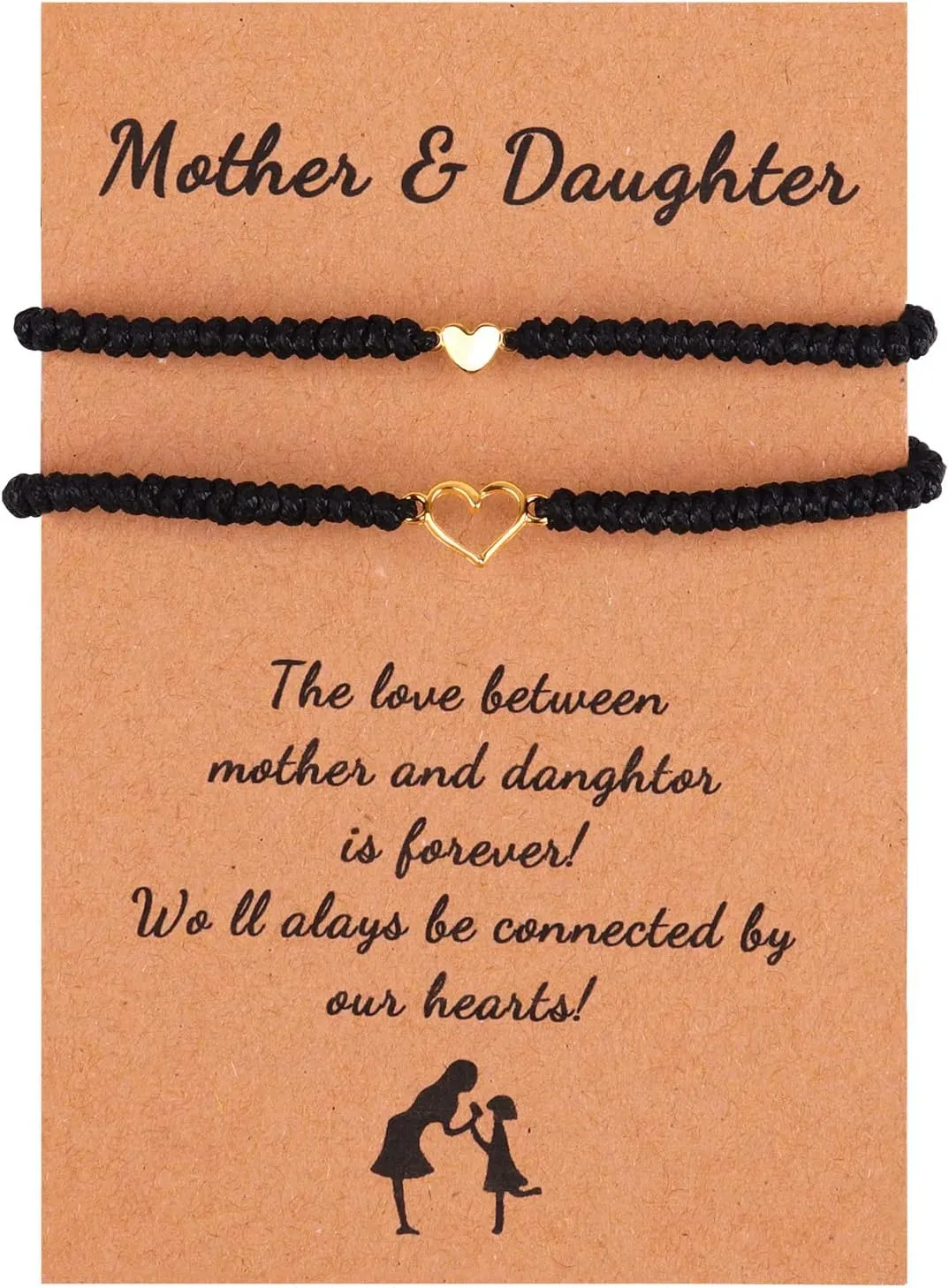 2Pcs Love Heart Braided String Bracelets Cute Sweet Hollow Heart Matching Adjustable Bracelet Pink Black Red String Mother's Day Gifts for Mother Daughter Son