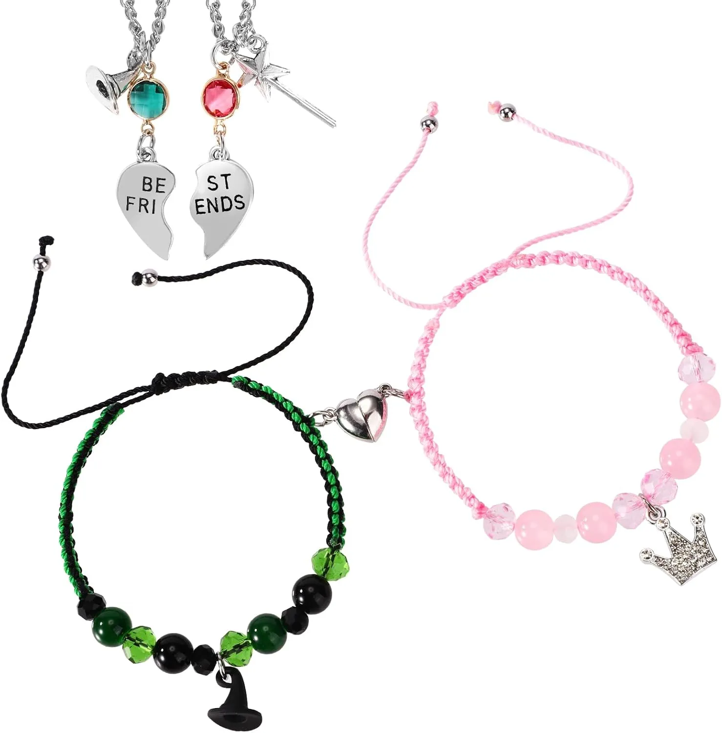 2pcs Matching Bracelets & 2 Rhinestone Necklaces, Crown Witch Hat Matching Bracelets Friendship Couples Jewelry for Party Dress Decor