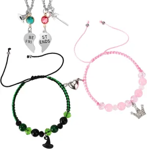 2pcs Matching Bracelets & 2 Rhinestone Necklaces, Crown Witch Hat Matching Bracelets Friendship Couples Jewelry for Party Dress Decor