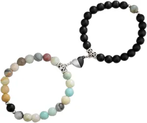 2Pcs Natural Stone Chakra Tiger Eye Beads Bracelet Couples Matching Frosted Stone Bracelet for Women Men Best Friend Lovers Friendship Unisex Jewelry Gift