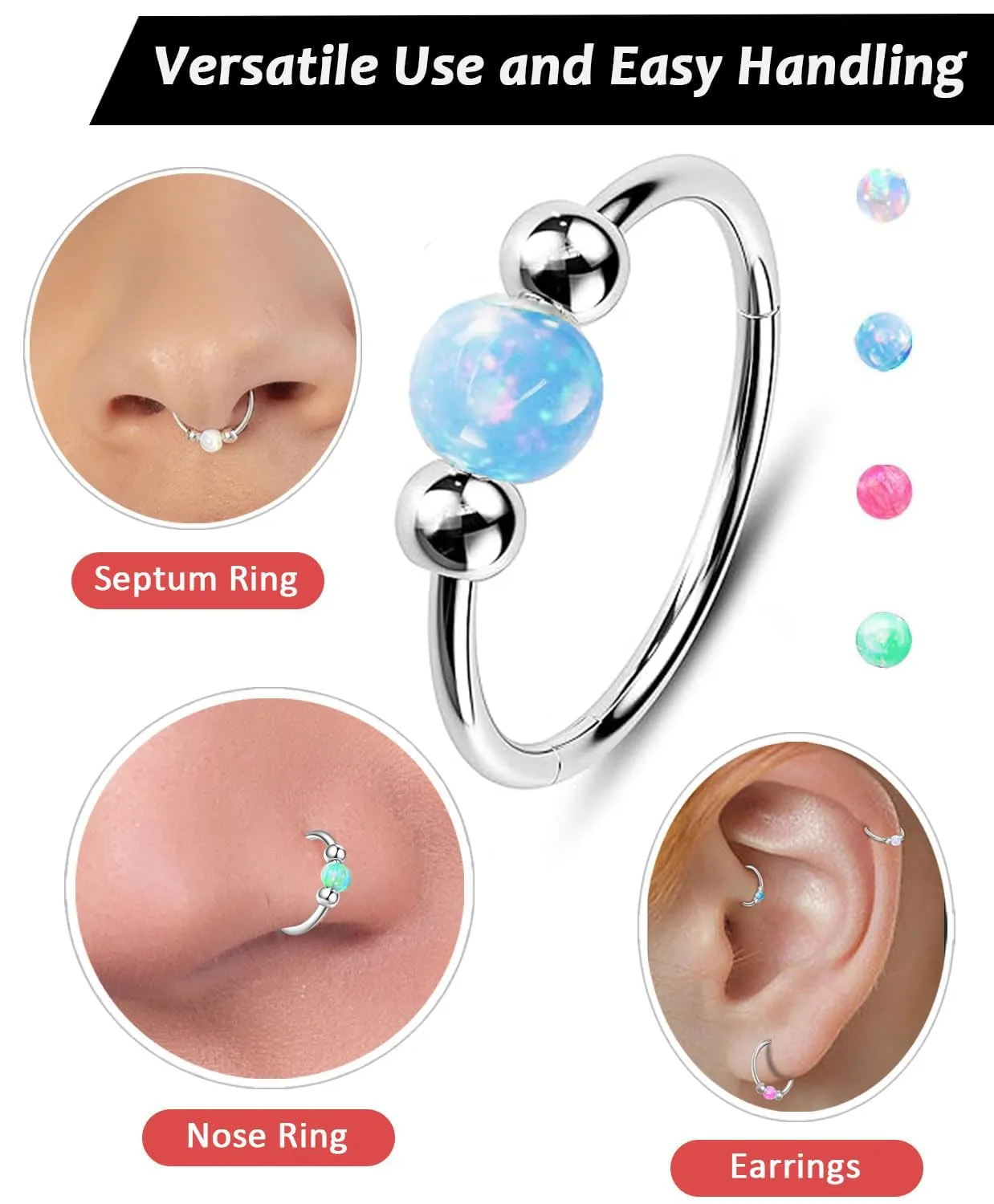 2Pcs Small Cartilage Hoop Earrings for Women Men, Opal Silver Earrings Hypoallergenic 316L Surgical Steel Hinge Huggie Hoop Earrings for Helix,Tragus,Piercing Jewelry Nose Ring (Blue/1pc8mm 1pc10mm)