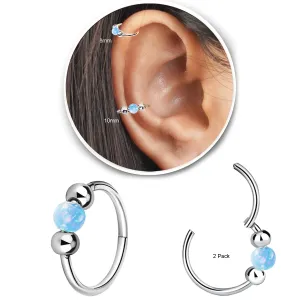 2Pcs Small Cartilage Hoop Earrings for Women Men, Opal Silver Earrings Hypoallergenic 316L Surgical Steel Hinge Huggie Hoop Earrings for Helix,Tragus,Piercing Jewelry Nose Ring (Blue/1pc8mm 1pc10mm)