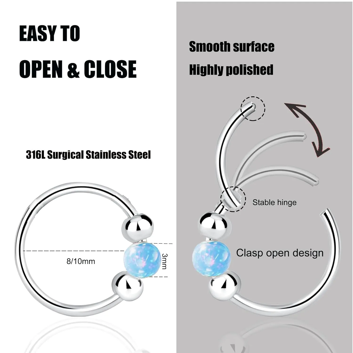 2Pcs Small Cartilage Hoop Earrings for Women Men, Opal Silver Earrings Hypoallergenic 316L Surgical Steel Hinge Huggie Hoop Earrings for Helix,Tragus,Piercing Jewelry Nose Ring (Blue/1pc8mm 1pc10mm)