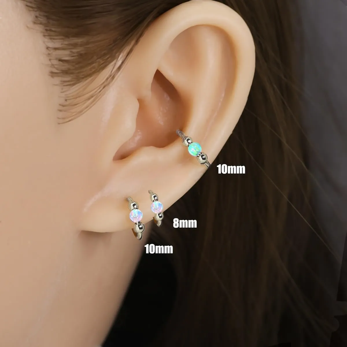 2Pcs Small Cartilage Hoop Earrings for Women Men, Opal Silver Earrings Hypoallergenic 316L Surgical Steel Hinge Huggie Hoop Earrings for Helix,Tragus,Piercing Jewelry Nose Ring (Blue/1pc8mm 1pc10mm)