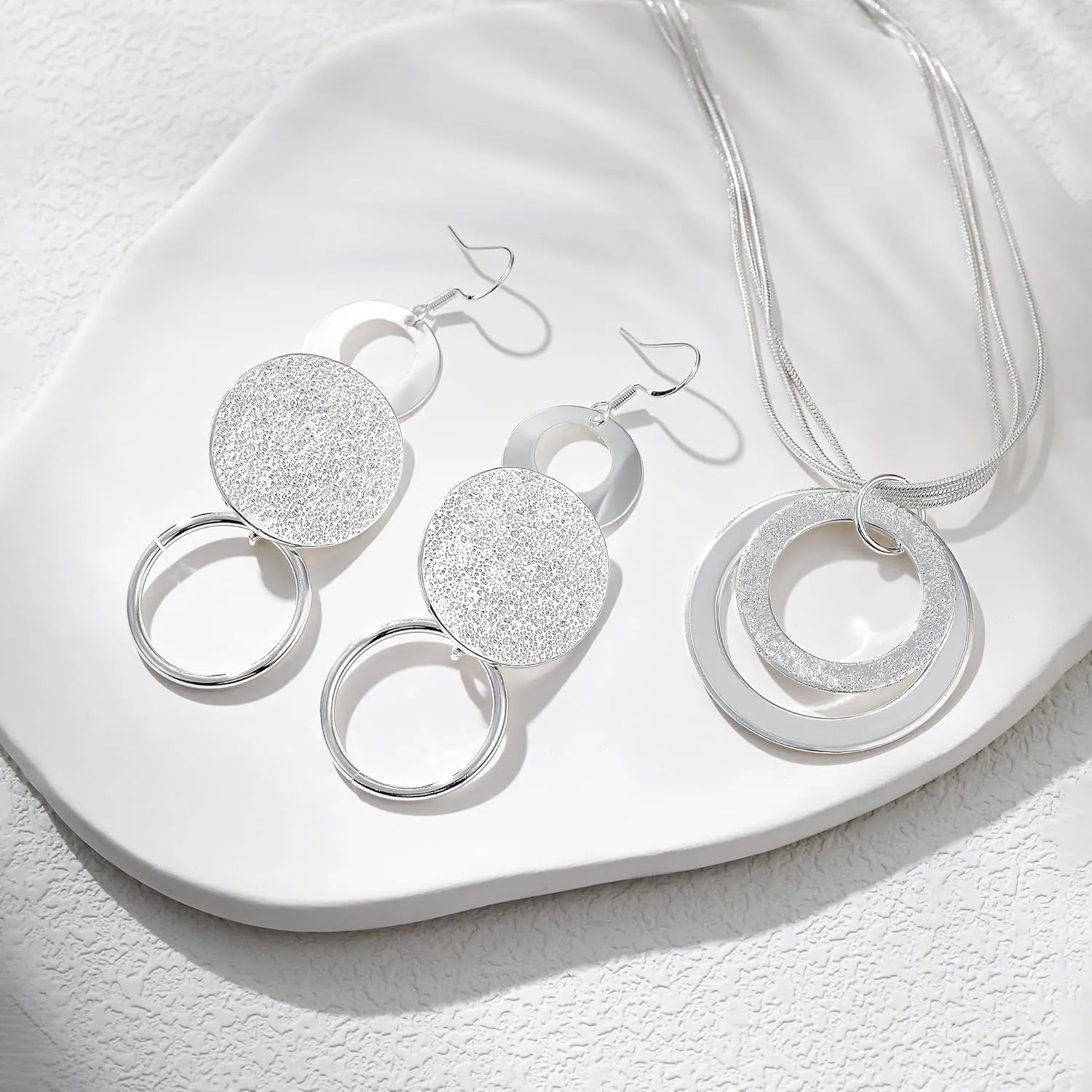 3 Circles Silver Hoop Earrings and Necklace Set for Women - 925 Plated Hypoallergenic Small Hoops