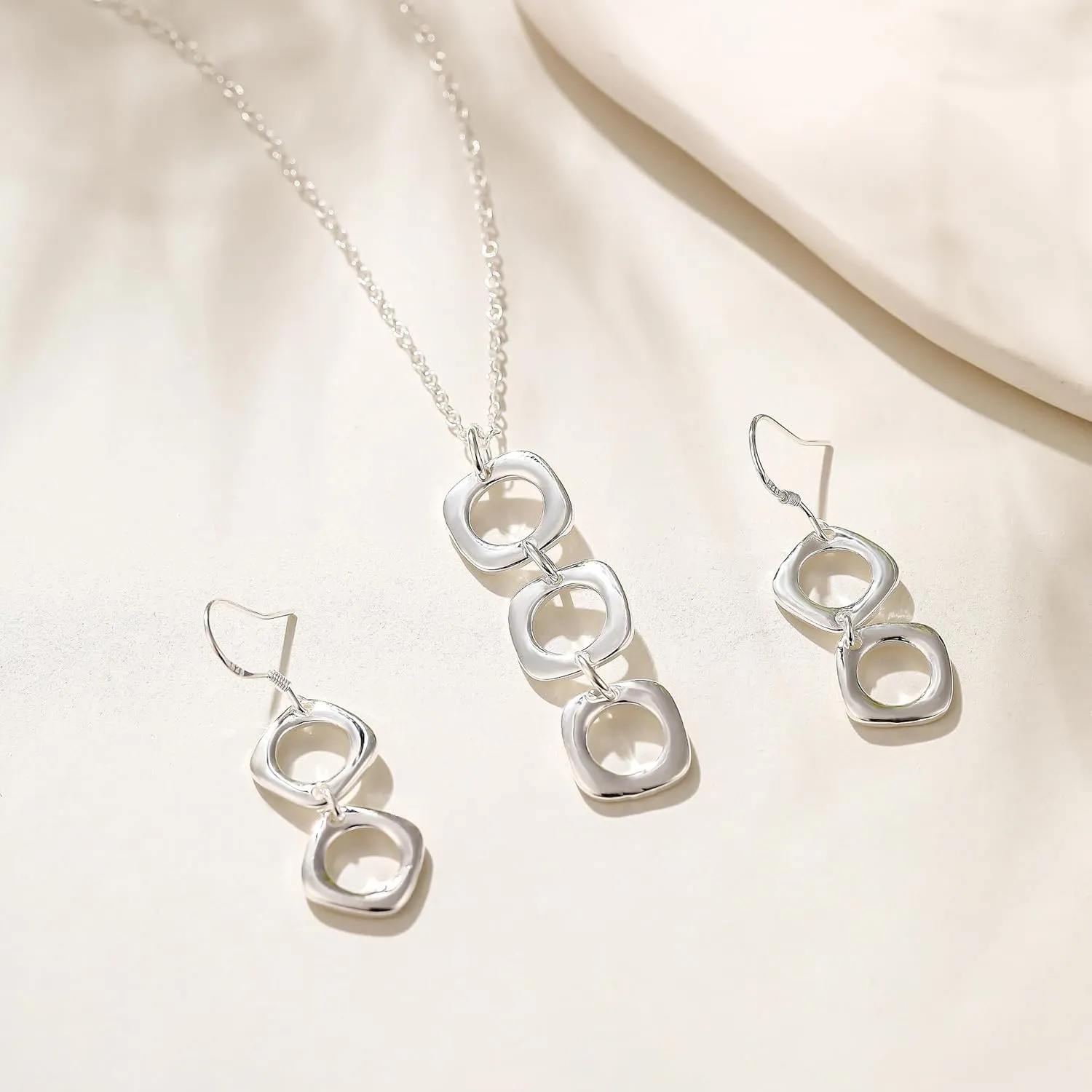 3 Circles Silver Hoop Earrings and Necklace Set for Women - 925 Plated Hypoallergenic Small Hoops