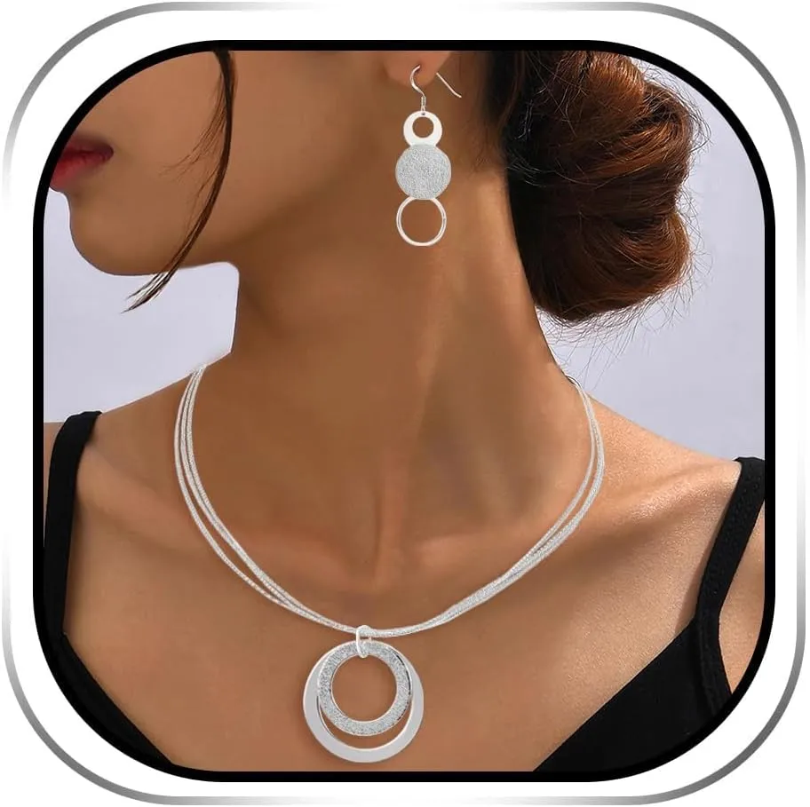3 Circles Silver Hoop Earrings and Necklace Set for Women - 925 Plated Hypoallergenic Small Hoops