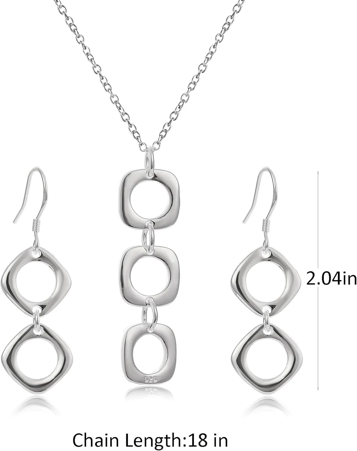 3 Circles Silver Hoop Earrings and Necklace Set for Women - 925 Plated Hypoallergenic Small Hoops