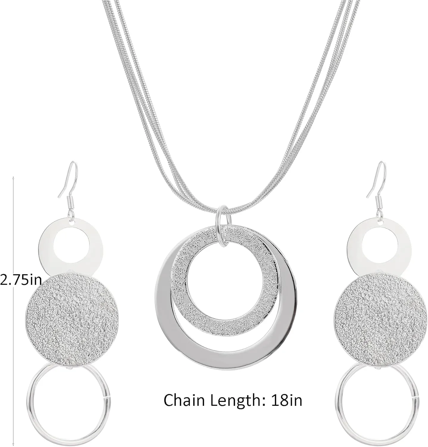 3 Circles Silver Hoop Earrings and Necklace Set for Women - 925 Plated Hypoallergenic Small Hoops