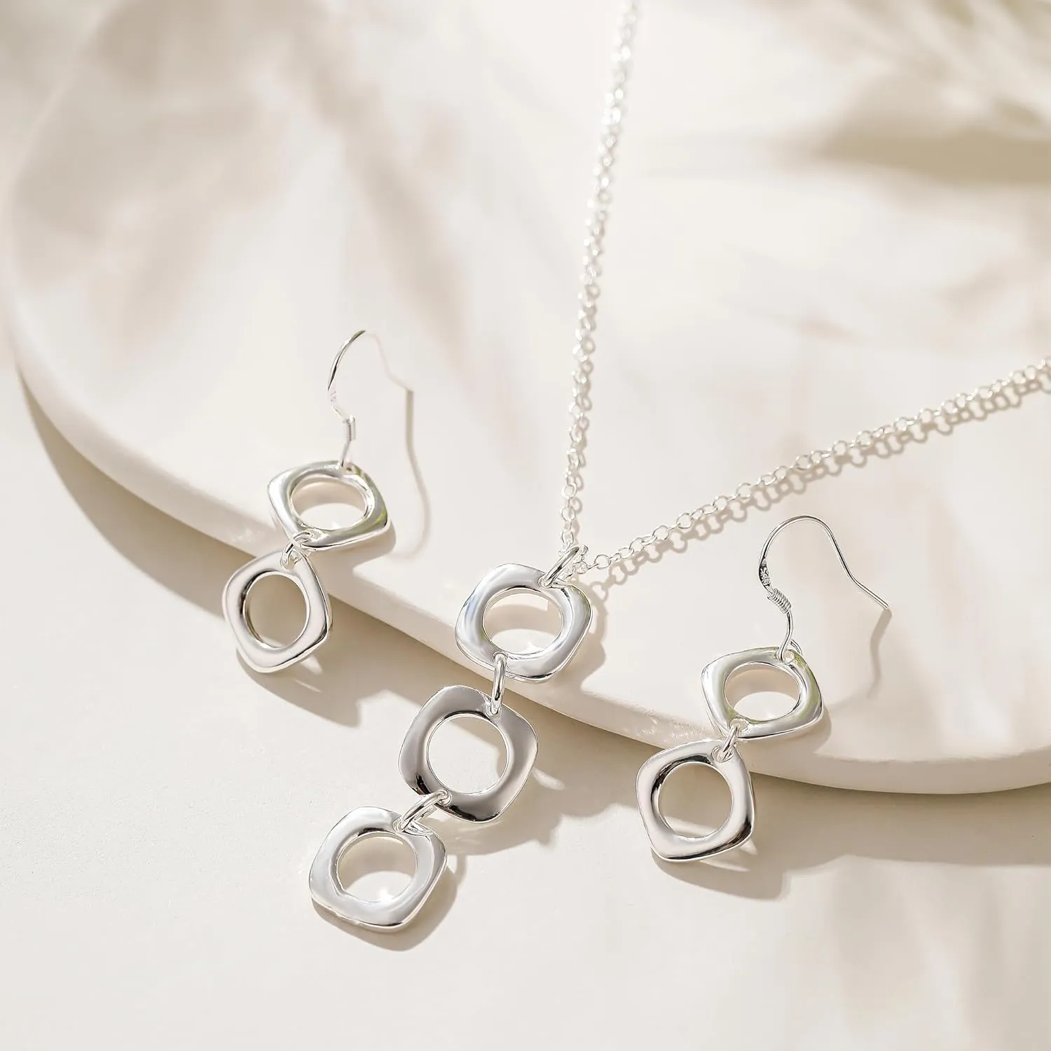 3 Circles Silver Hoop Earrings and Necklace Set for Women - 925 Plated Hypoallergenic Small Hoops