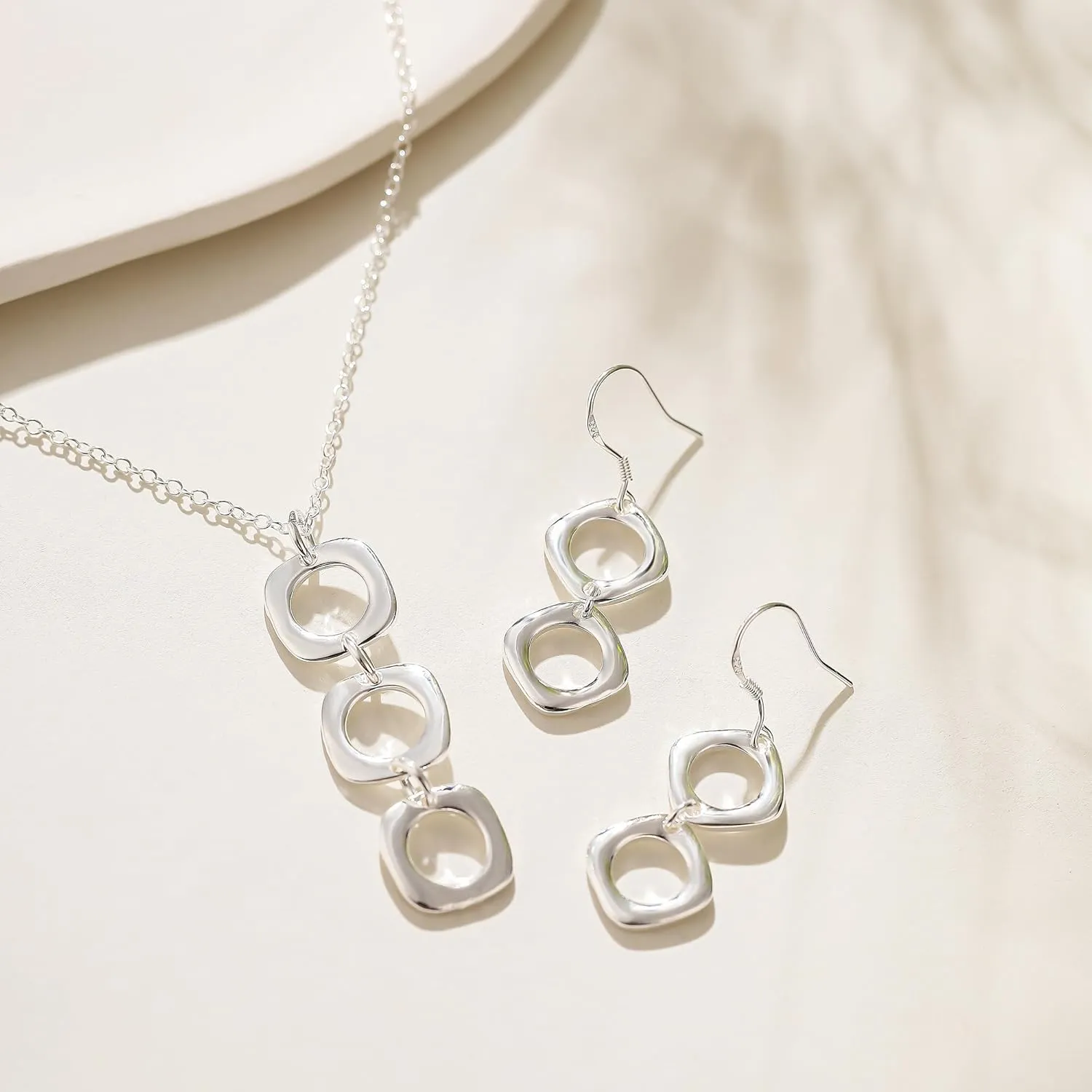 3 Circles Silver Hoop Earrings and Necklace Set for Women - 925 Plated Hypoallergenic Small Hoops