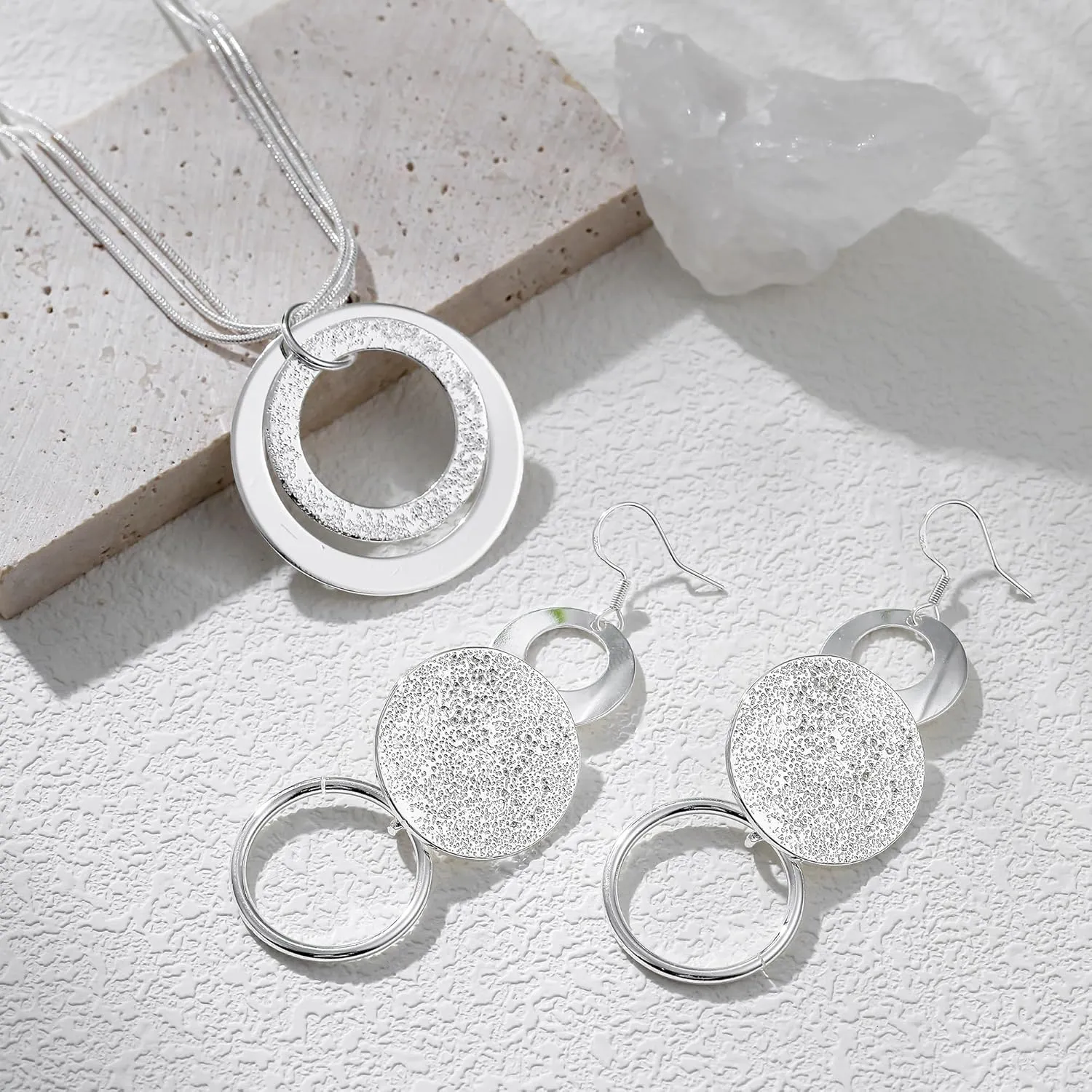 3 Circles Silver Hoop Earrings and Necklace Set for Women - 925 Plated Hypoallergenic Small Hoops