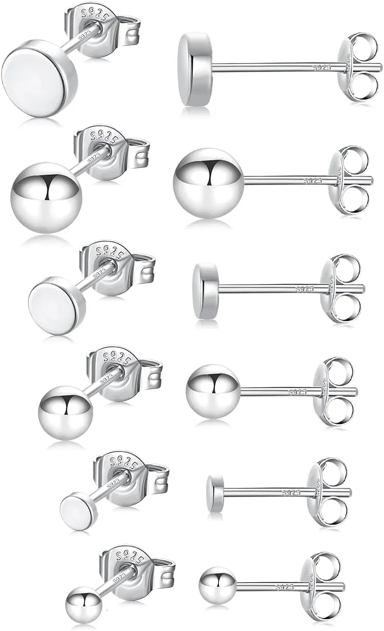 3 Pairs 925 Sterling Silver Stud Earrings for Women Tiny Cartilage Stud Earrings14K White Gold Plated Dainty Small Studs Earrings Set Round Earrings Hypoallergenic Earrings for Women Men