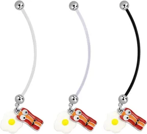 3 Pcs 14G Pregnancy Belly Button Ring Clear Super Long Bar Maternity Belly Rings 50mm Flexible Acrylic Hypoallergenic Sport Navel Rings for Women Bacon w/eggs