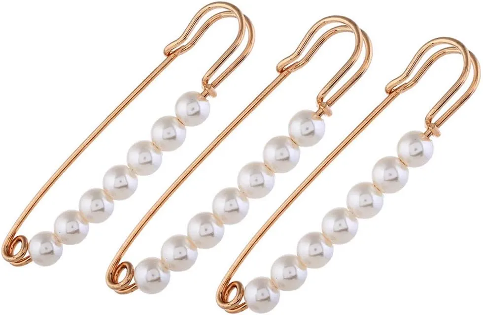 3 Pcs 2.95inch Rose Gold Metal Brooch Pin Pierced Artificial Pearl Safety Brooch Collar Corsage Jewelry Shawl Buckle Scarf Accessories for Lady Girl