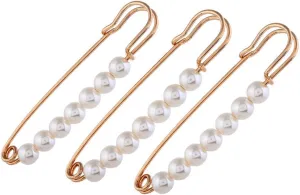 3 Pcs 2.95inch Rose Gold Metal Brooch Pin Pierced Artificial Pearl Safety Brooch Collar Corsage Jewelry Shawl Buckle Scarf Accessories for Lady Girl