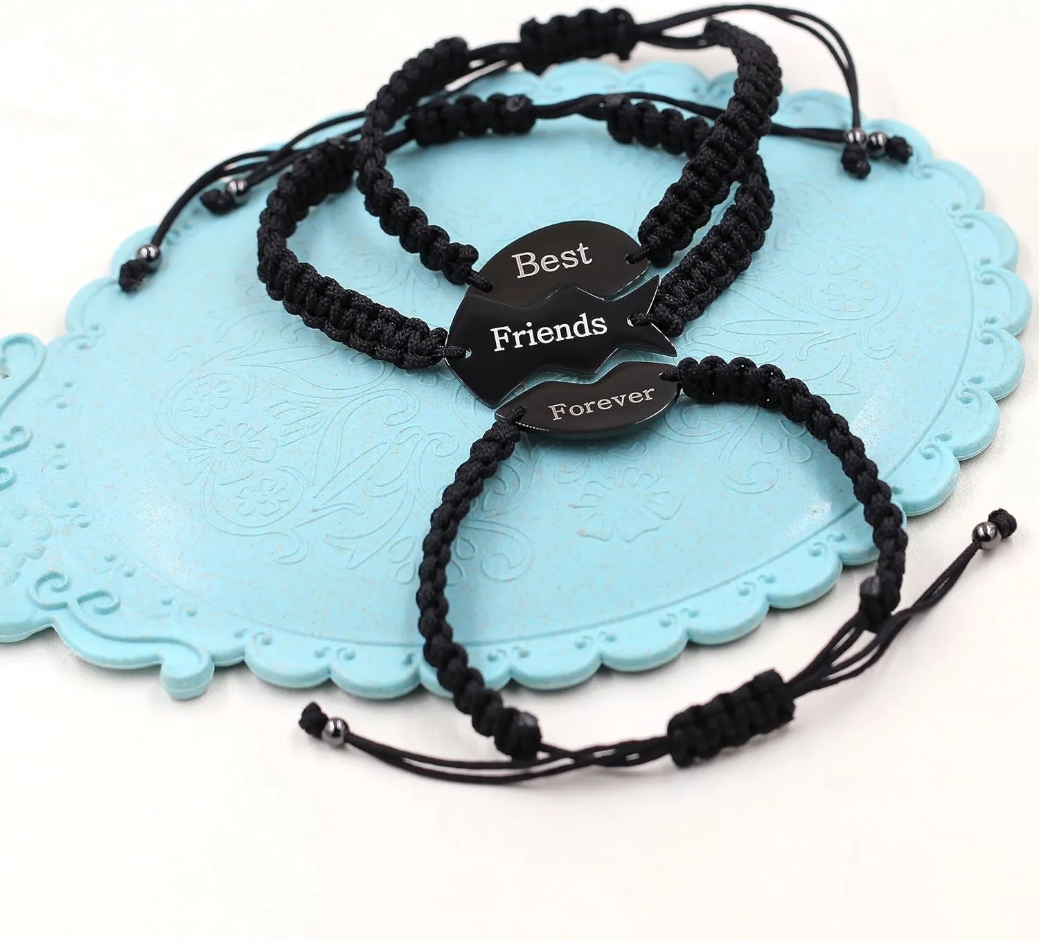 3 Pcs Black Puzzle Heart Piece Bracelets Set - Stainless Steel Black String Bracelet Jewelry for Women Y4121