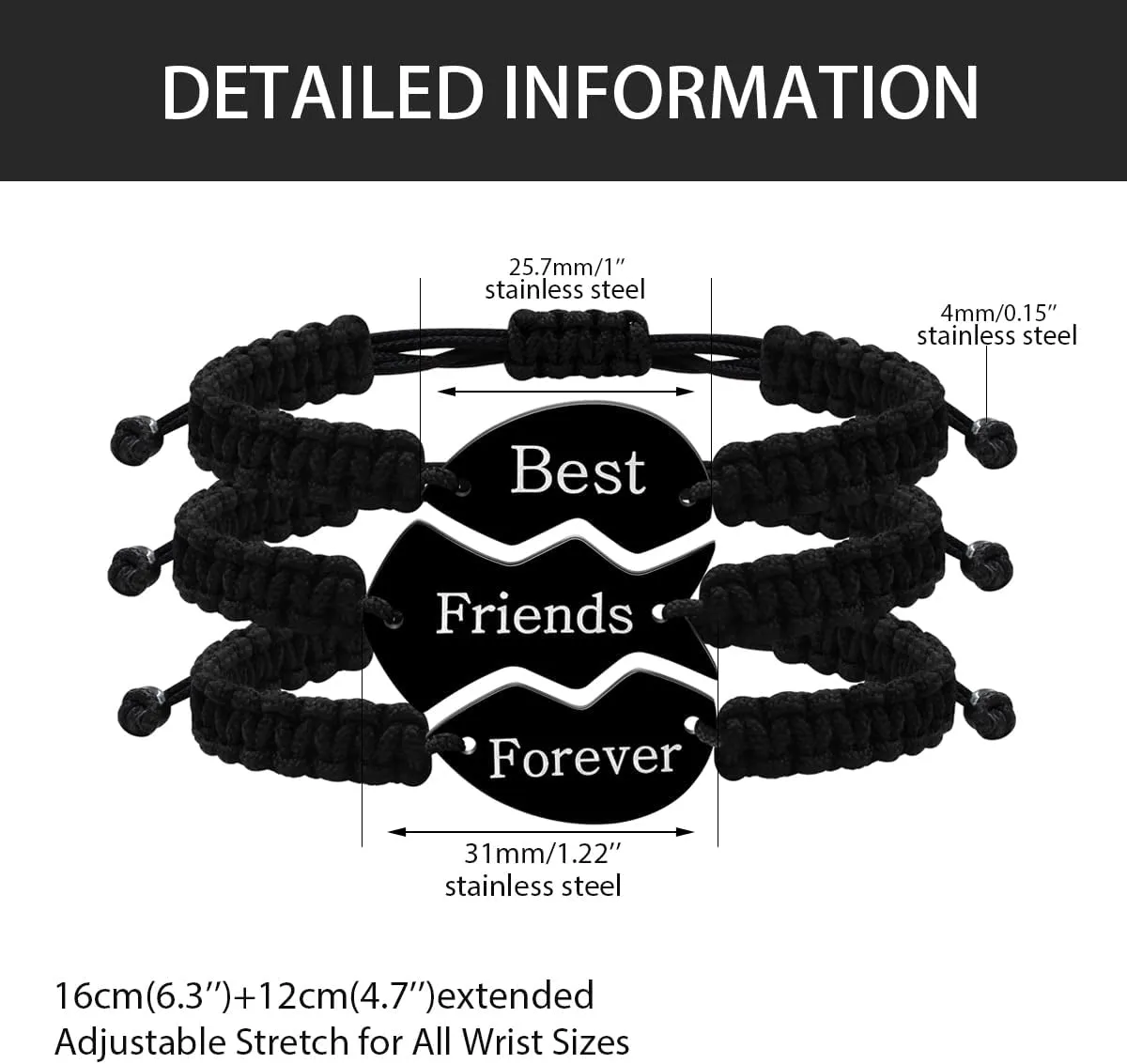 3 Pcs Black Puzzle Heart Piece Bracelets Set - Stainless Steel Black String Bracelet Jewelry for Women Y4121