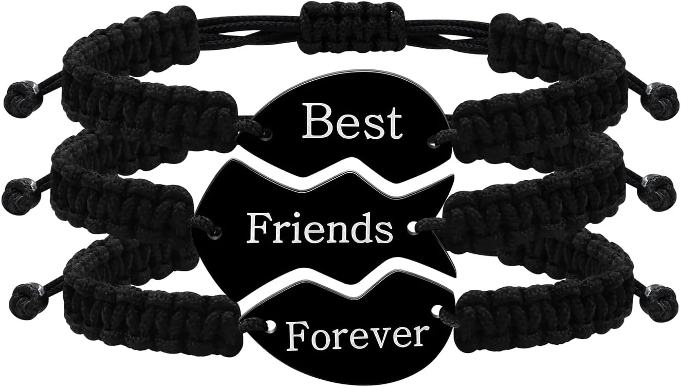 3 Pcs Black Puzzle Heart Piece Bracelets Set - Stainless Steel Black String Bracelet Jewelry for Women Y4121