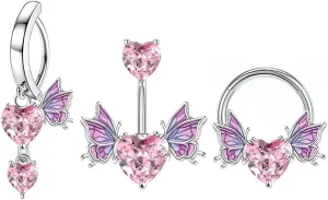 3 Pcs Pink Heart Belly Button Rings Nose Septum Rings Set Surgical Steel CZ Crystal Belly Navel Barbell Nose Hoop Dainty Body Piercing Jewelry