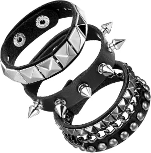 3 Pcs Punk Bracelets, Leather Studded Bracelet Cuff Adjustable Goth Bracelets Spike Bracelet Emo Bracelets for Men Women 80s Wristband Goth Jewelry Halloween Emo Accessories (Style B)