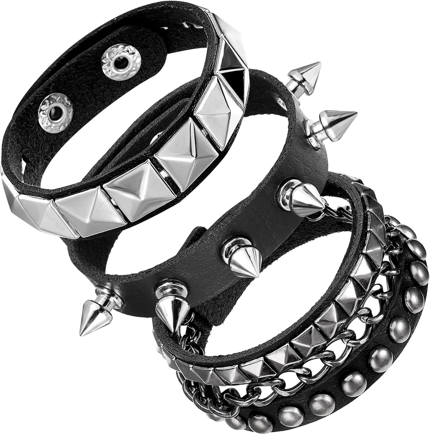3 Pcs Punk Bracelets, Leather Studded Bracelet Cuff Adjustable Goth Bracelets Spike Bracelet Emo Bracelets for Men Women 80s Wristband Goth Jewelry Halloween Emo Accessories (Style B)
