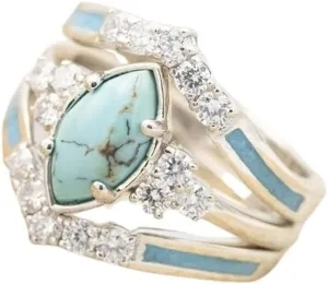 3 PCS Ring Set Natural Turquoise Diamond Rings - Western Jewelry Silver Color Rings for Women - Bohemian Joint Knuckle Finger Rings - Sparkling Natural Gemstone