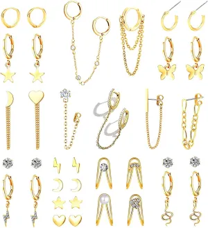 36PCS Chain Hoop Earrings for Women Girls Cartilage Cuff Chain Huggie Wrap Earrings Tiny Moon Star Butterfly Hoop Dangle Earring Heart Studs Jewelry Set