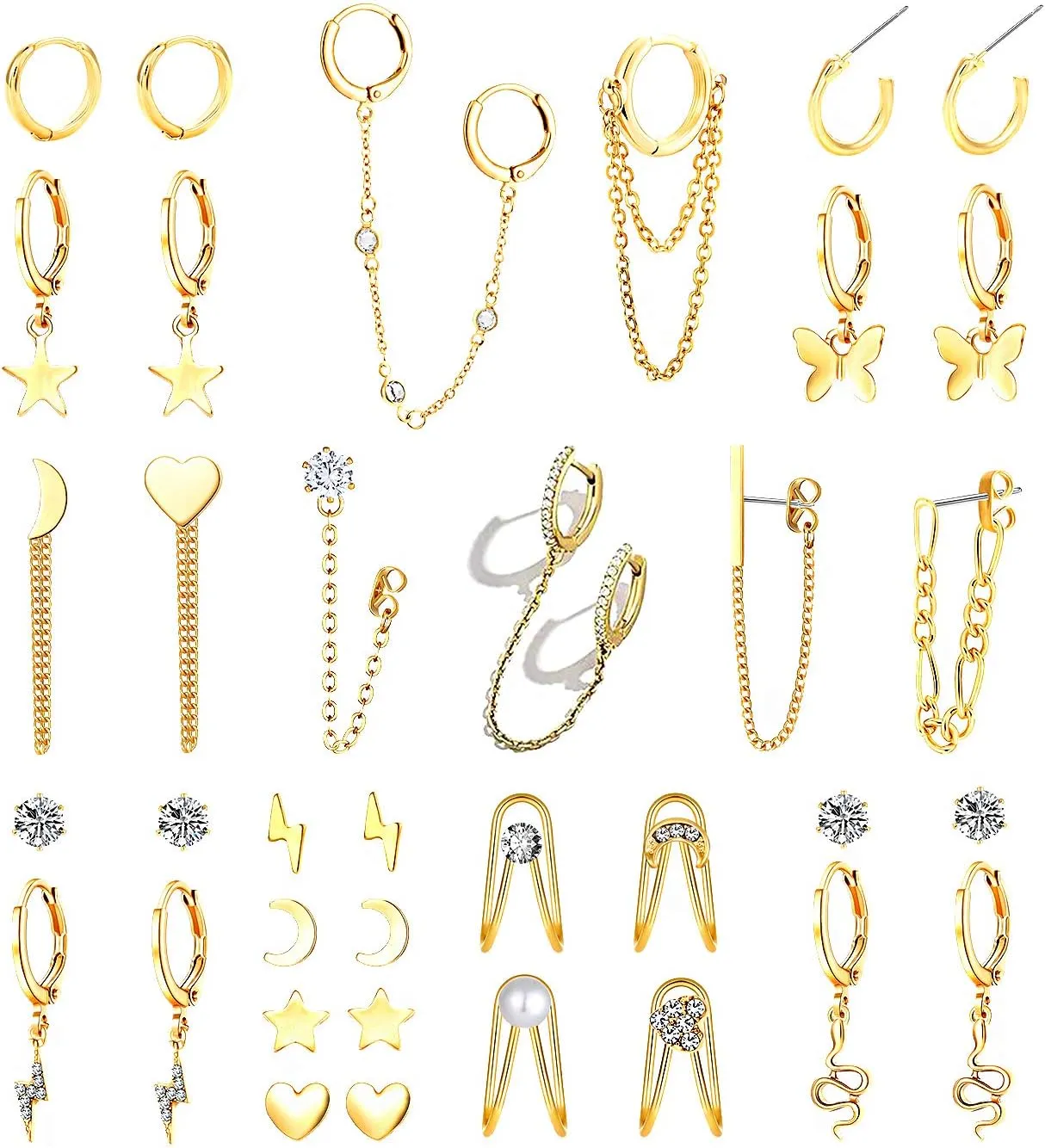 36PCS Chain Hoop Earrings for Women Girls Cartilage Cuff Chain Huggie Wrap Earrings Tiny Moon Star Butterfly Hoop Dangle Earring Heart Studs Jewelry Set