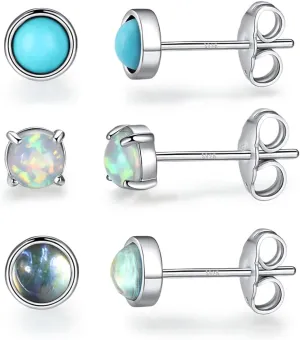 3mm/4mm/6mm Hypoallergenic 925 Sterling Silver Post Stud Earrings for Womens Teens Girls Second Hole Earrings for Women Opal Turquoise Moonstone Stud Earrings Jewelry Earrings for Sensitive Ears