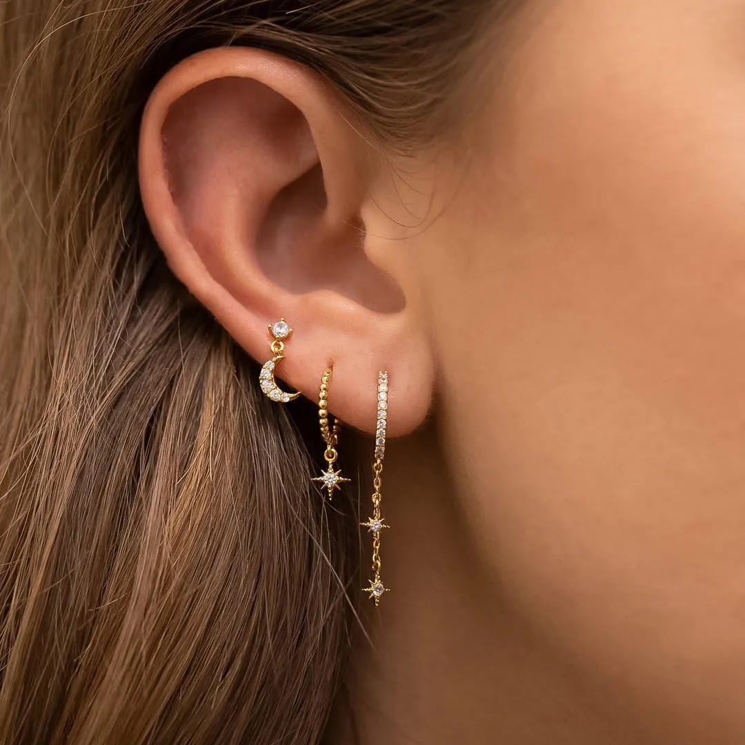 3Pairs 14K Gold Stud Hoop Earrings Set for Women Butterfly Moon Star Flower Evil Eye CZ Dainty Huggie Hoop Cartilage Earrings Gift Box