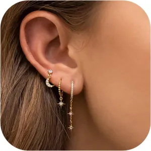 3Pairs 14K Gold Stud Hoop Earrings Set for Women Butterfly Moon Star Flower Evil Eye CZ Dainty Huggie Hoop Cartilage Earrings Gift Box