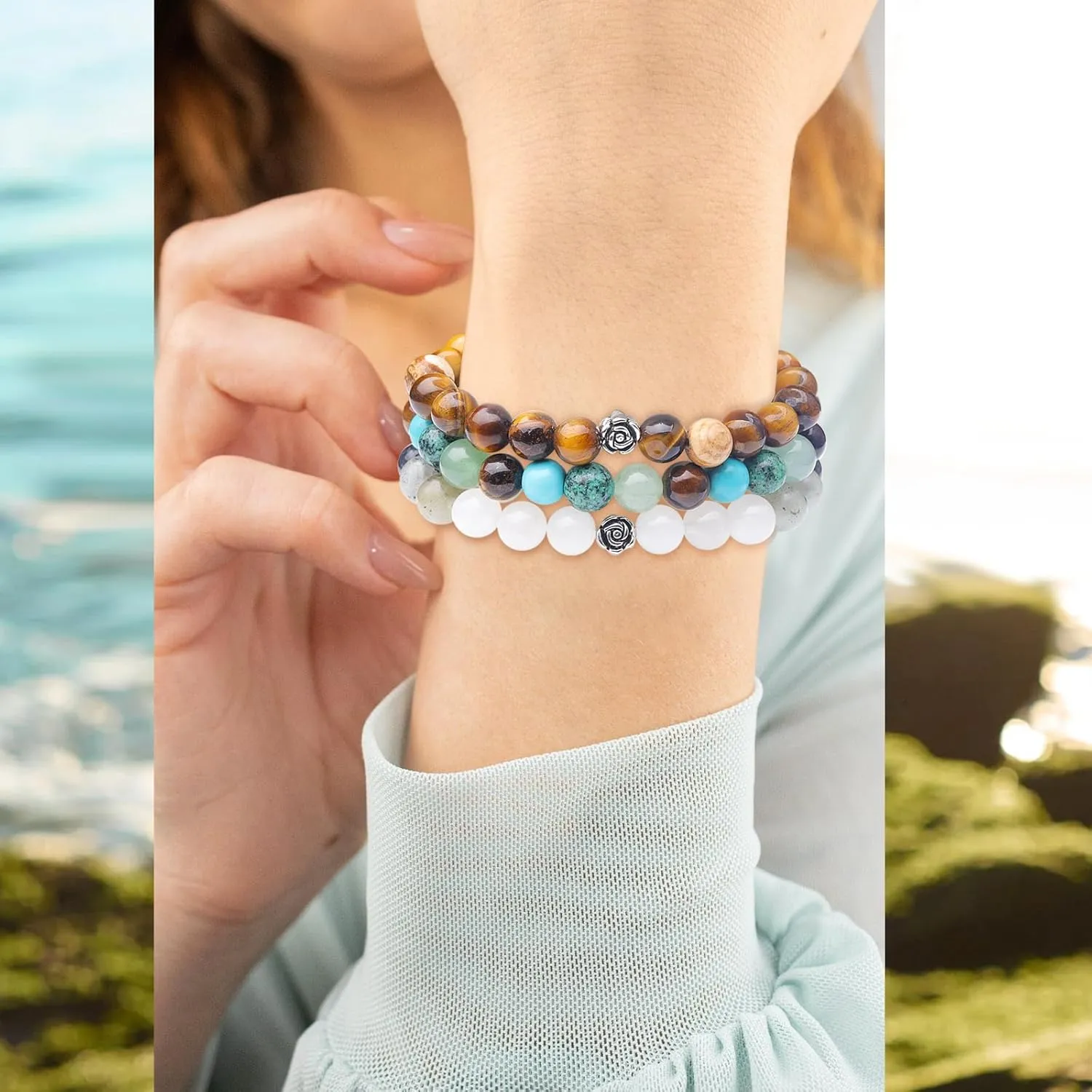 3PCS Natural Healing Crystal Stone Beaded Stretch Bracelets for Women, Yoga Bracelets with Round Beads, Natural Gemstone Balance Protection Bracelet, Crystal Elastic Lucky Bracelets,Gifts for Her