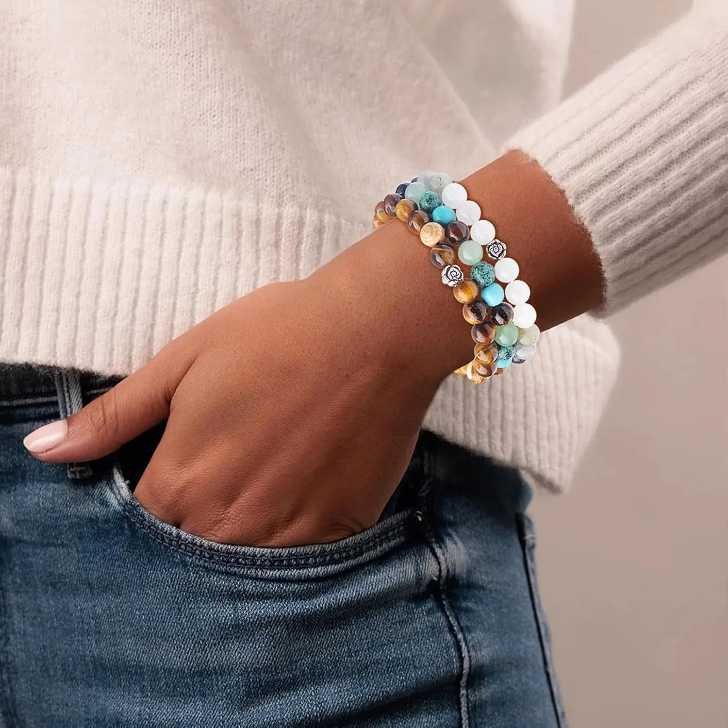 3PCS Natural Healing Crystal Stone Beaded Stretch Bracelets for Women, Yoga Bracelets with Round Beads, Natural Gemstone Balance Protection Bracelet, Crystal Elastic Lucky Bracelets,Gifts for Her