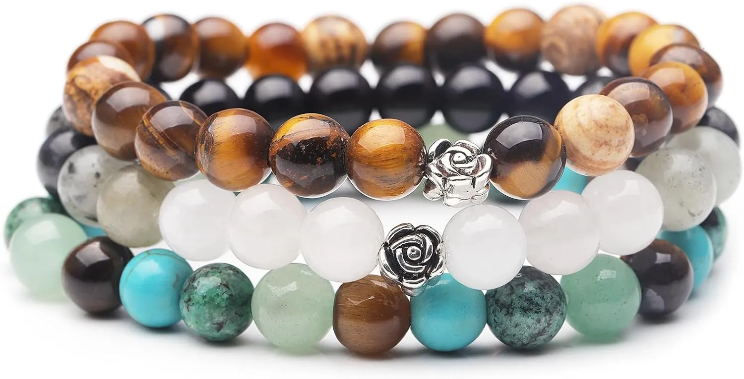3PCS Natural Healing Crystal Stone Beaded Stretch Bracelets for Women, Yoga Bracelets with Round Beads, Natural Gemstone Balance Protection Bracelet, Crystal Elastic Lucky Bracelets,Gifts for Her