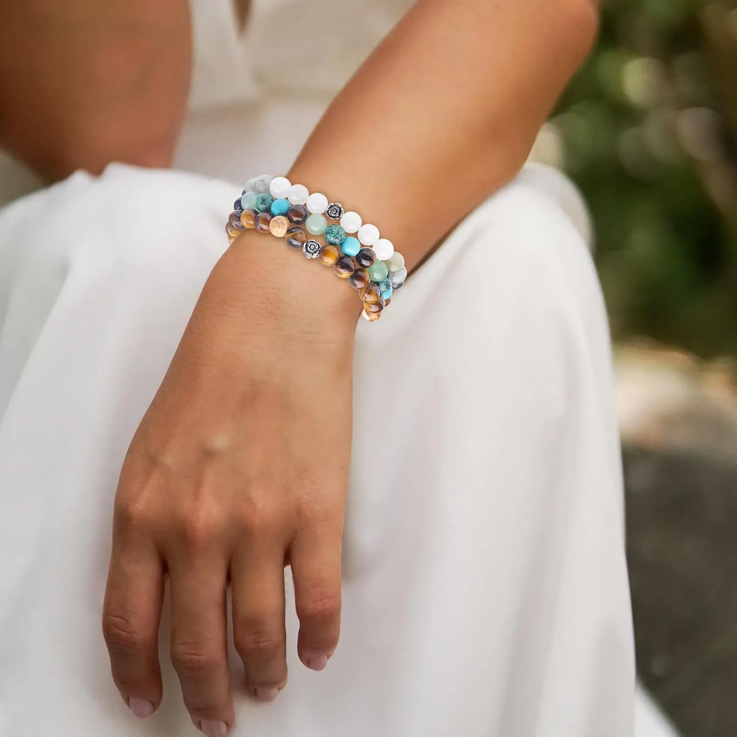 3PCS Natural Healing Crystal Stone Beaded Stretch Bracelets for Women, Yoga Bracelets with Round Beads, Natural Gemstone Balance Protection Bracelet, Crystal Elastic Lucky Bracelets,Gifts for Her