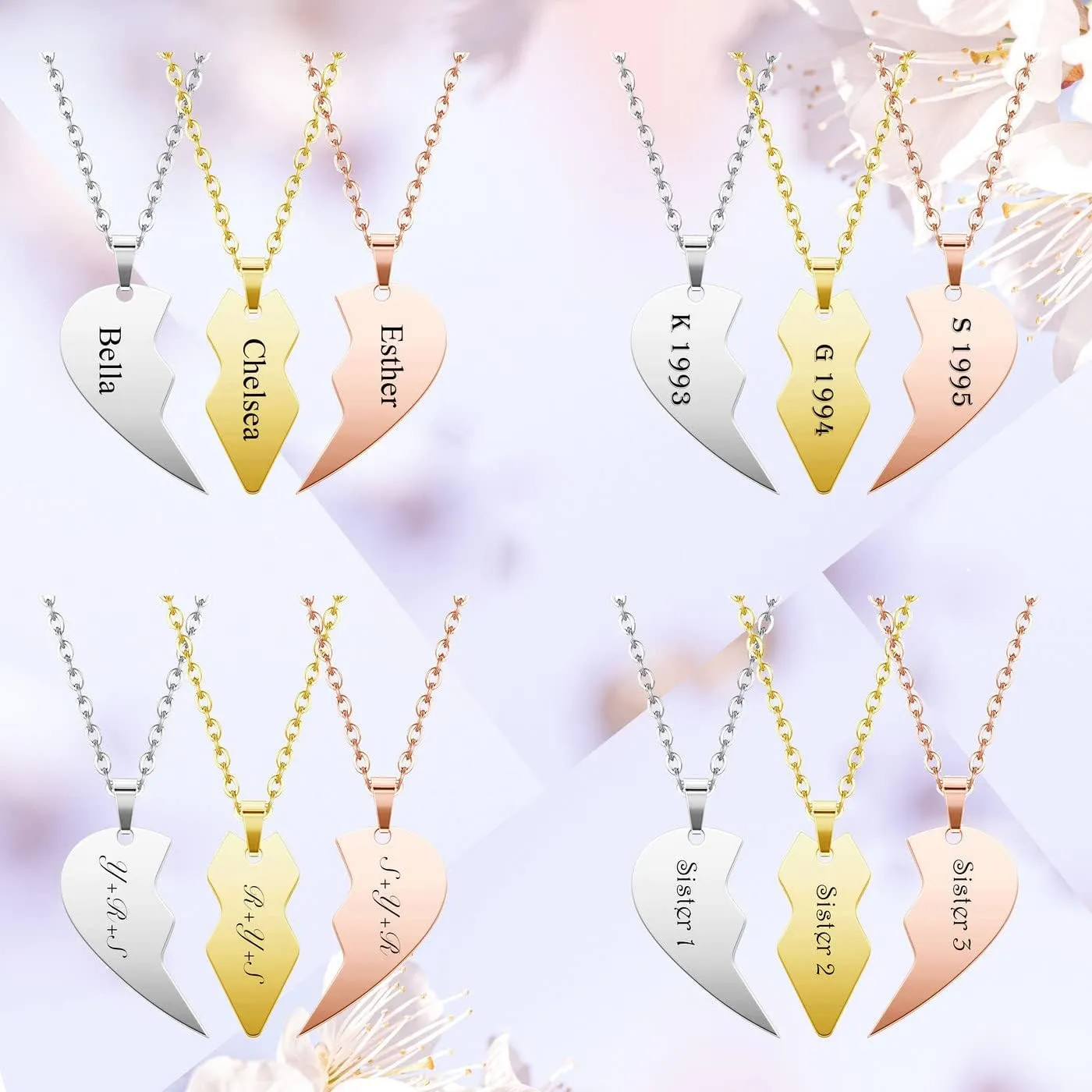 3pcs Personalized Best Friends Forever BFF Necklace Stainless Steel Engraved Puzzle Heart Friendship Pendant Custom Name Matching Heart Necklaces Gift Set