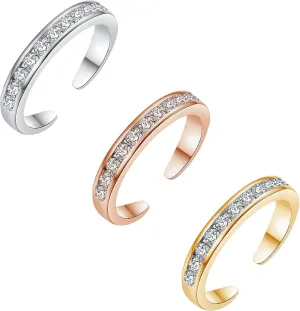 3PCS Toe Rings for Women, Adjustable Cubic Zirconia Hypoallergenic Band Ring,Silver/Rose Gold/Gold Toe Rings Set Beach Foot Jewelry for Summer,Stylish Open Toe Fingers Joint Tail Rings