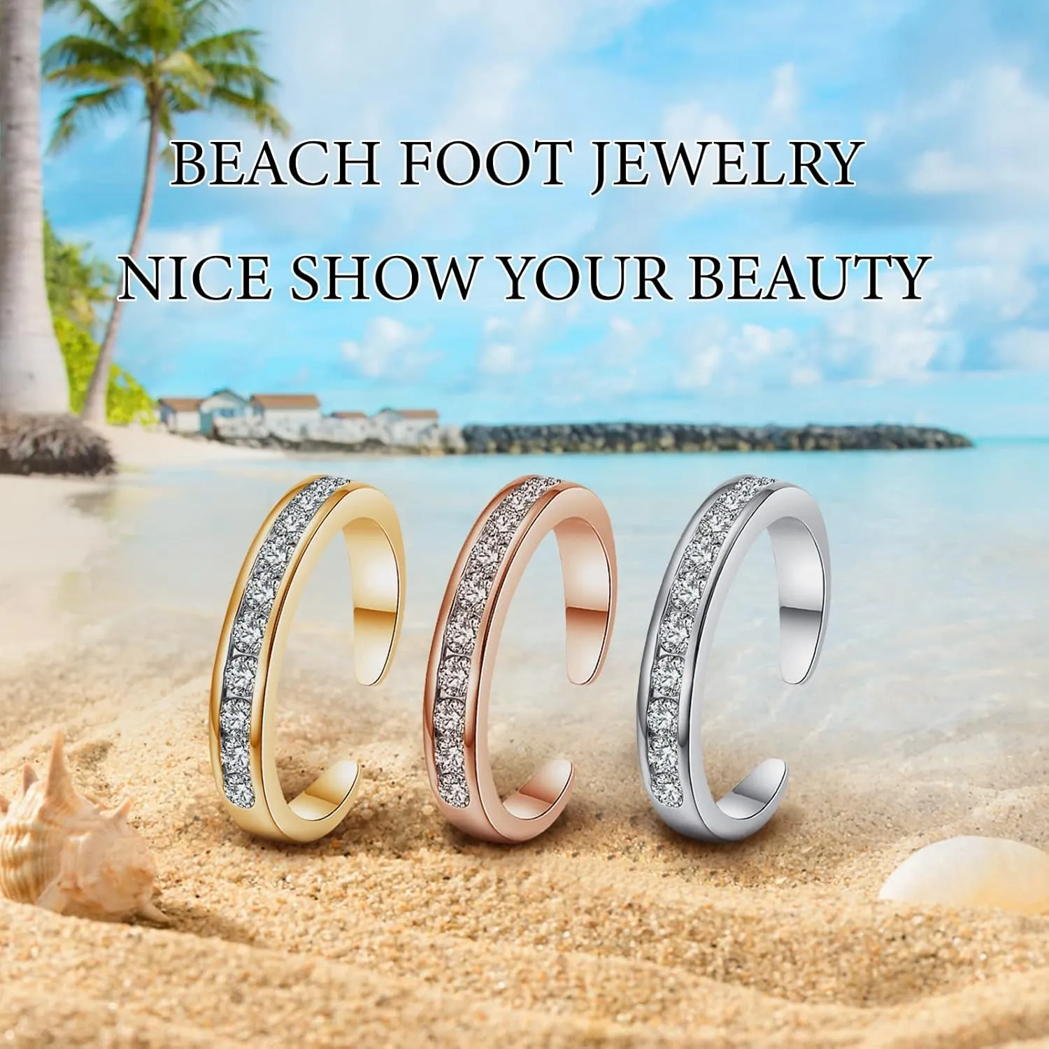 3PCS Toe Rings for Women, Adjustable Cubic Zirconia Hypoallergenic Band Ring,Silver/Rose Gold/Gold Toe Rings Set Beach Foot Jewelry for Summer,Stylish Open Toe Fingers Joint Tail Rings