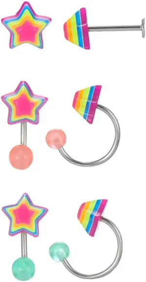 3PS 16G Star/Heart Body Piercing Jewelry Cute Colorful Nose Rings and Lip Rings Set Neon Labret Stud Piercing Jewelry