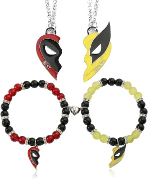 4 pcs Deadpl and Wolvers Necklace Bracelets Set, Superhero Series Best Friend Necklaces for 2, Matching Necklace Bracelets Friendship Matching Bracelets Accessories for Men Women Couples