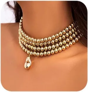 4 Tier Boho Women Multilayer 1920s Necklace Chunky Dainty Beads Layered Choker Necklaces Handmade Beads Fashion Chunky Pendant Multilayer Adjustable Layering Chain Necklaces for Women