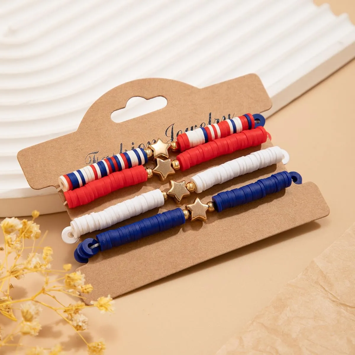 4Pcs 4th of July Bracelets for Women Independence Day USA American Flag Star Red White Blue Patriotic Bracelets Polymer Clay Stretch Heishi Surfer Bracelets Holiday Jewelry