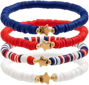 4Pcs 4th of July Bracelets for Women Independence Day USA American Flag Star Red White Blue Patriotic Bracelets Polymer Clay Stretch Heishi Surfer Bracelets Holiday Jewelry